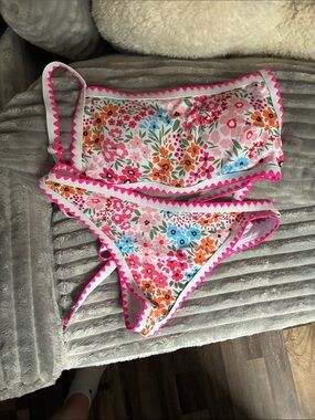 Floral Pink Trim Girls' Two-Piece Swimsuit